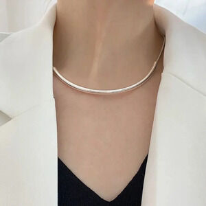 925 Sterling Silver Statement Tube Curved Bar Necklace Chunky Silver Necklace